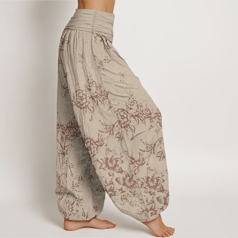 Pantalon sarouel femme en pur coton à motif floral et Buddha Stones , taille élastique