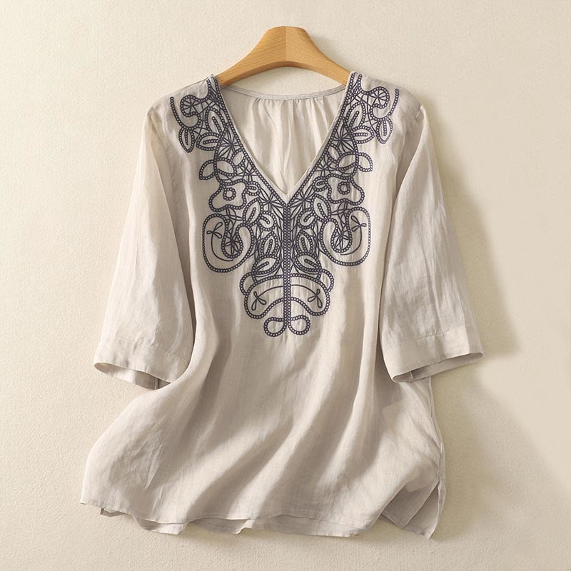 T-shirt décontracté à manches mi-longues en coton et lin pour femme, col en V, brodé de Buddha Stones - Beige - US14，UK/AU18，EU46 (2XL) - image 1