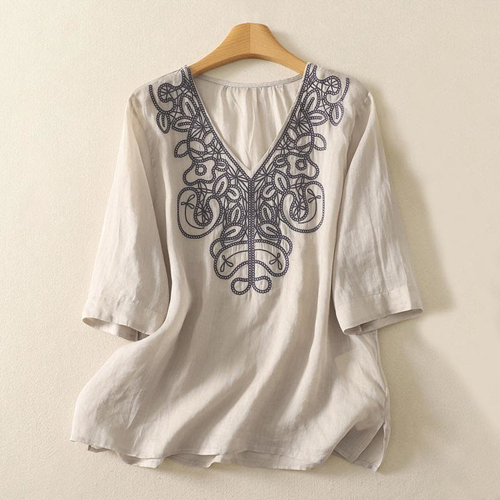 T-shirt décontracté à manches mi-longues en coton et lin pour femme, col en V, brodé de Buddha Stones - Beige - US14，UK/AU18，EU46 (2XL) - image 1
