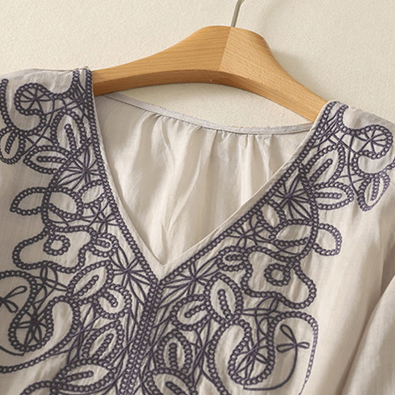 T-shirt décontracté à manches mi-longues en coton et lin pour femme, col en V, brodé de Buddha Stones - image 3