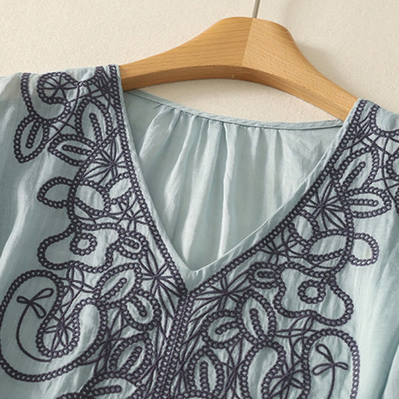 T-shirt décontracté à manches mi-longues en coton et lin pour femme, col en V, brodé de Buddha Stones - image 8