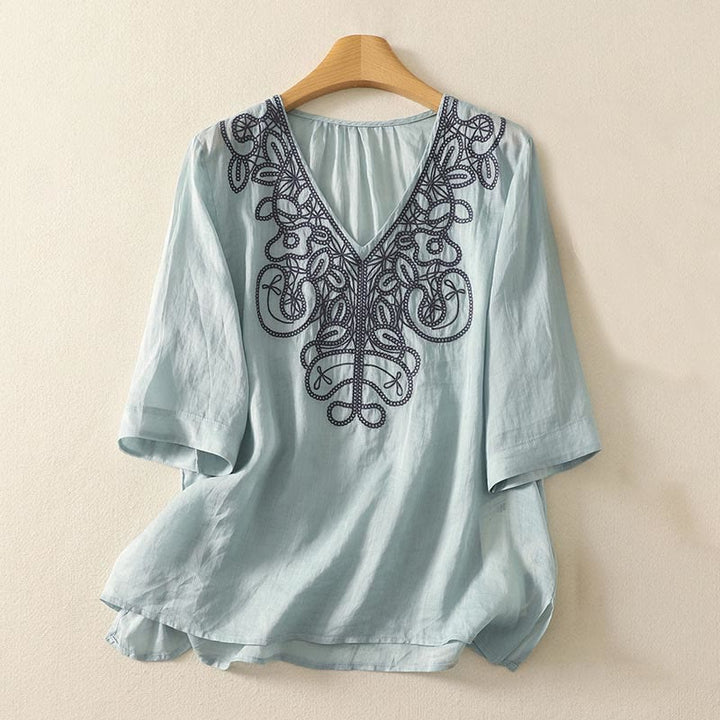 T-shirt décontracté à manches mi-longues en coton et lin pour femme, col en V, brodé de Buddha Stones - Turquoise pâle - US14，UK/AU18，EU46 (2XL) - image 7