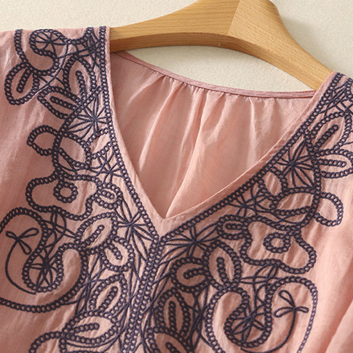 T-shirt décontracté à manches mi-longues en coton et lin pour femme, col en V, brodé de Buddha Stones - image 14