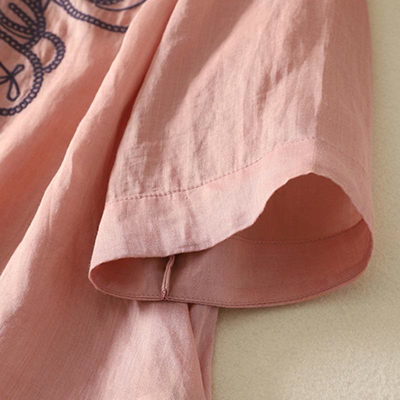 T-shirt décontracté à manches mi-longues en coton et lin pour femme, col en V, brodé de Buddha Stones - image 15