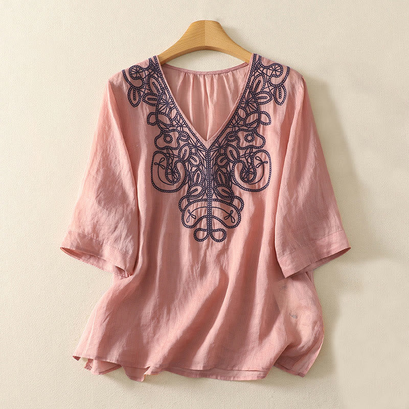 T-shirt décontracté à manches mi-longues en coton et lin pour femme, col en V, brodé de Buddha Stones - Corail clair - US14，UK/AU18，EU46 (2XL) - image 13