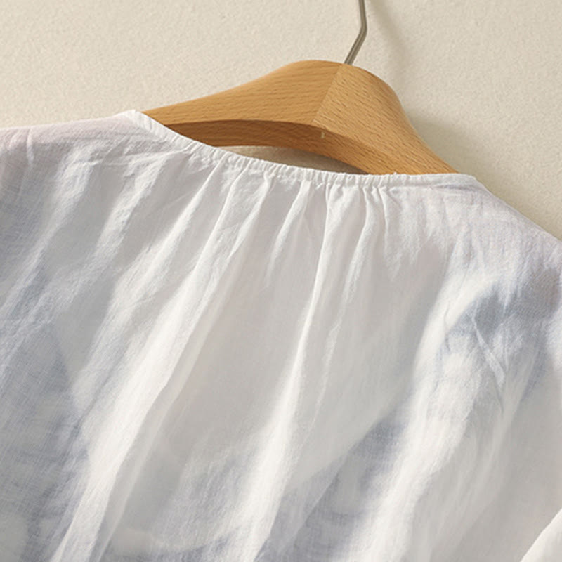 T-shirt décontracté à manches mi-longues en coton et lin pour femme, col en V, brodé de Buddha Stones - image 22