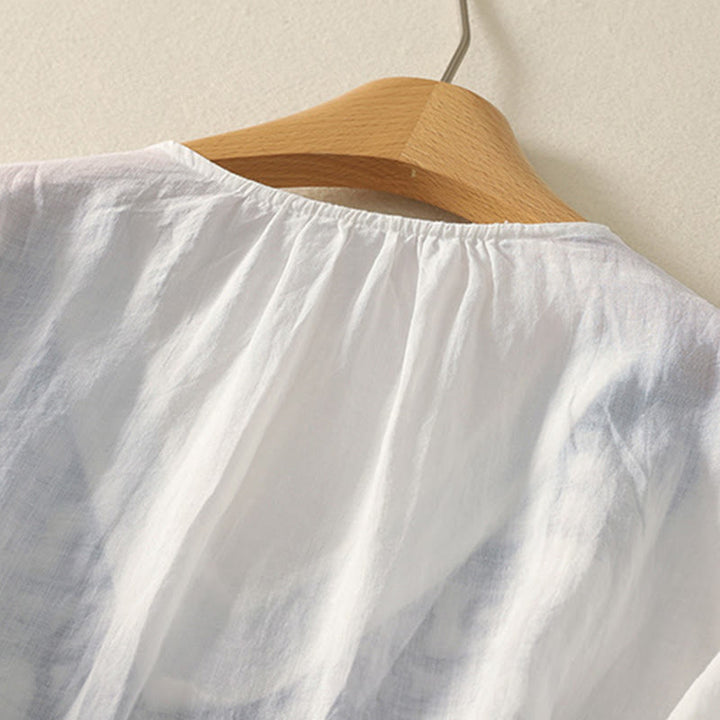 T-shirt décontracté à manches mi-longues en coton et lin pour femme, col en V, brodé de Buddha Stones - image 22