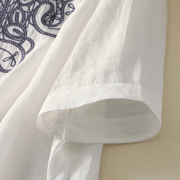 T-shirt décontracté à manches mi-longues en coton et lin pour femme, col en V, brodé de Buddha Stones - image 24