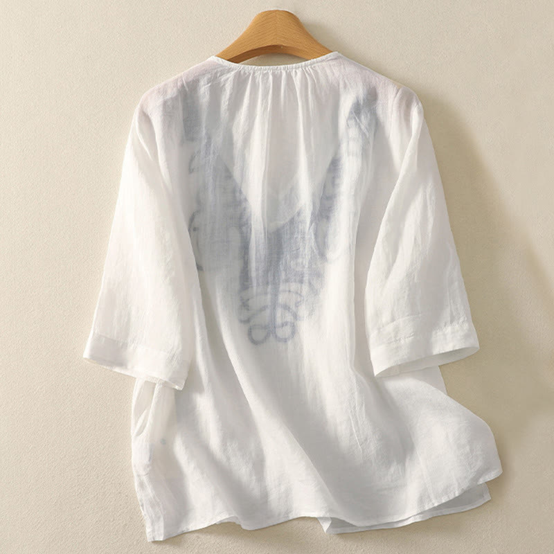 T-shirt décontracté à manches mi-longues en coton et lin pour femme, col en V, brodé de Buddha Stones - image 21