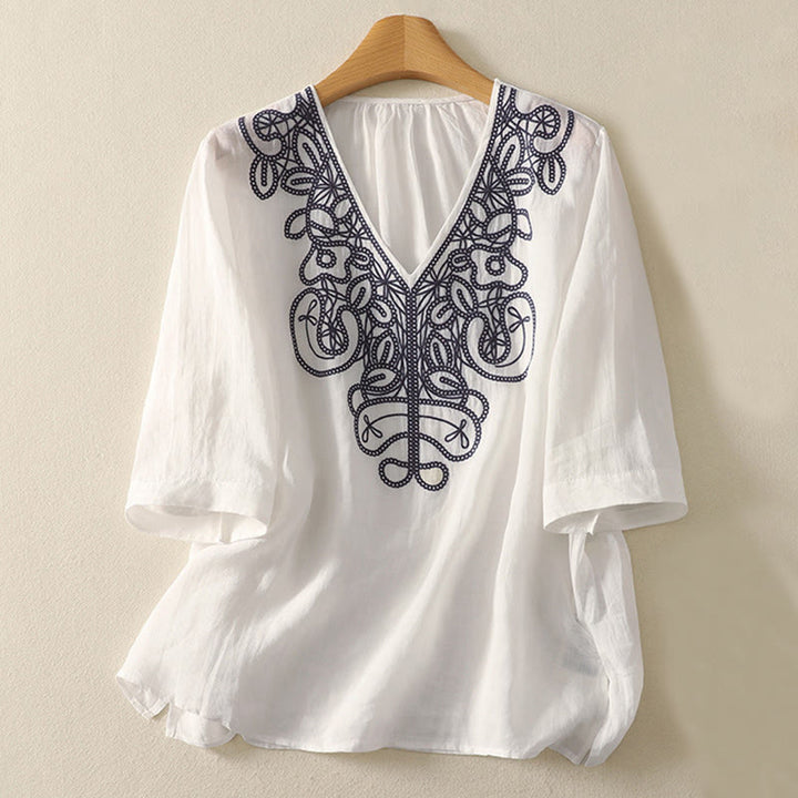 T-shirt décontracté à manches mi-longues en coton et lin pour femme, col en V, brodé de Buddha Stones - Blanc - US14，UK/AU18，EU46 (2XL) - image 19