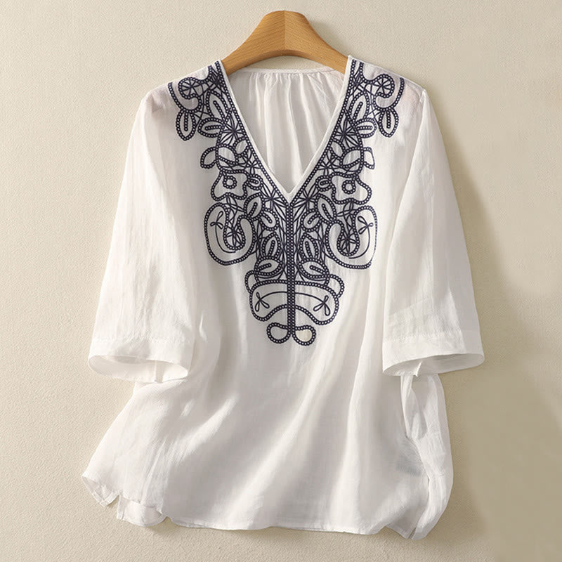 T-shirt décontracté à manches courtes pour femme, col en V, brodé de Buddha Stones - Blanc - US14，UK/AU18，EU46 (2XL) - image 18