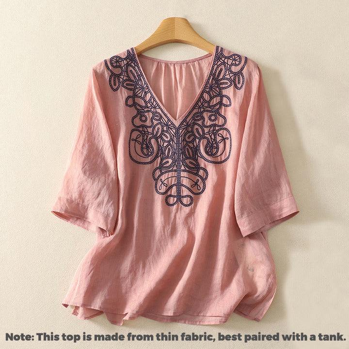 T-shirt décontracté à manches courtes pour femme, col en V, brodé de Buddha Stones - image 13