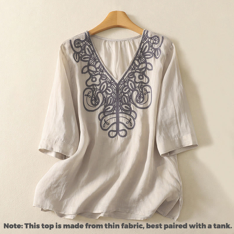 T-shirt décontracté à manches mi-longues en coton et lin pour femme, col en V, brodé de Buddha Stones - image 2