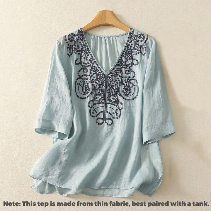 T-shirt décontracté à manches mi-longues en coton et lin pour femme, col en V, brodé de Buddha Stones - image 7