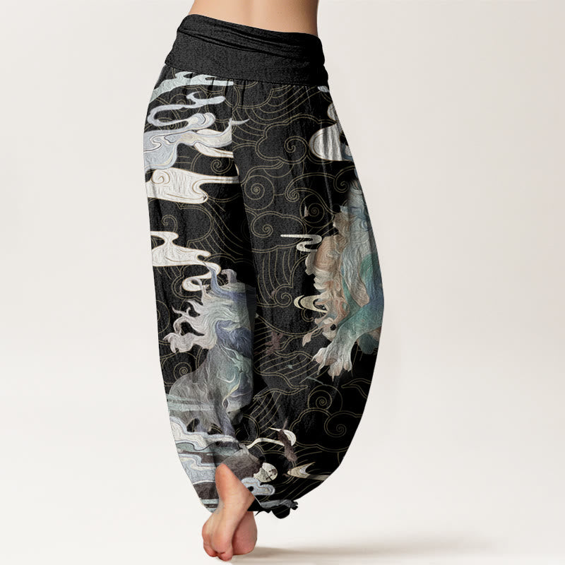 Pantalon sarouel à taille élastique pour femme, motif Buddha Stones, pur coton PiXiu, nuages de bon augure