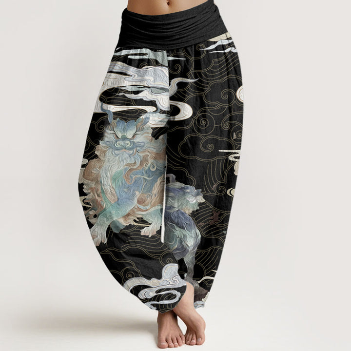 Pantalon sarouel à taille élastique pour femme, motif Buddha Stones, pur coton PiXiu, nuages de bon augure