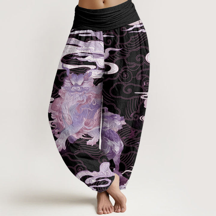 Pantalon sarouel à taille élastique pour femme, motif Buddha Stones, pur coton PiXiu, nuages de bon augure