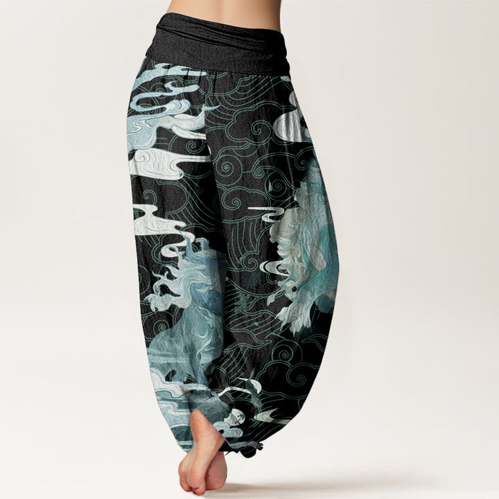 Pantalon sarouel à taille élastique pour femme, motif Buddha Stones, pur coton PiXiu, nuages de bon augure