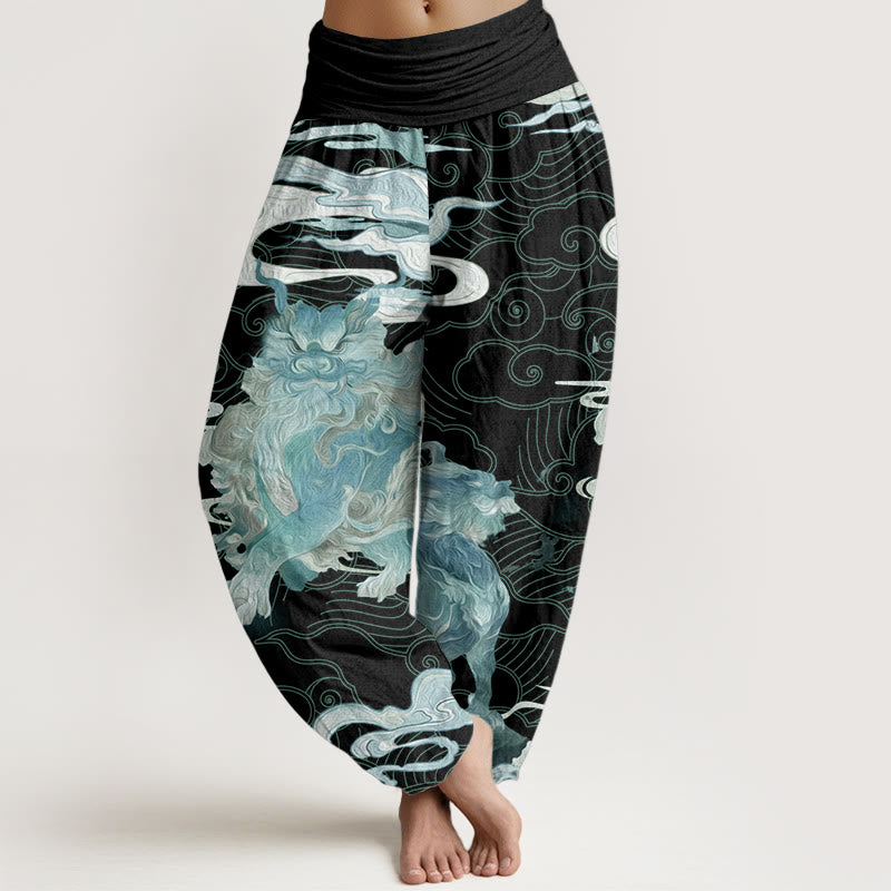 Pantalon sarouel à taille élastique pour femme, motif Buddha Stones, pur coton PiXiu, nuages de bon augure - Cyan - US22，UK/AU26，EU54 (6XL) - image 9