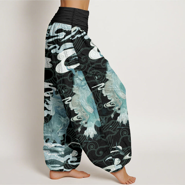 Pantalon sarouel à taille élastique pour femme, motif Buddha Stones, pur coton PiXiu, nuages de bon augure