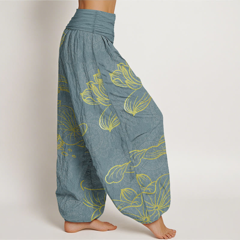 Pantalon Buddha Stones femme en pur coton avec motif mandala et lotus doré, taille élastique