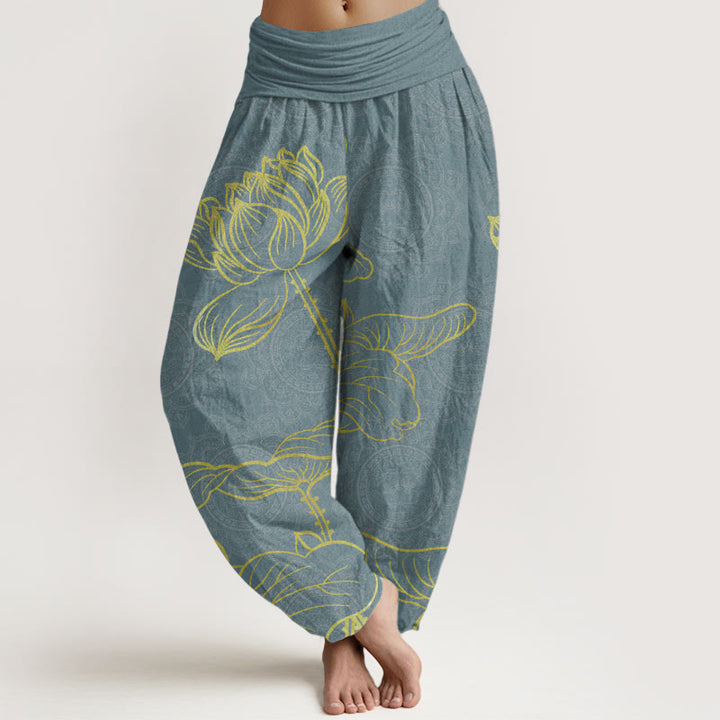 Pantalon Buddha Stones femme en pur coton avec motif mandala et lotus doré, taille élastique