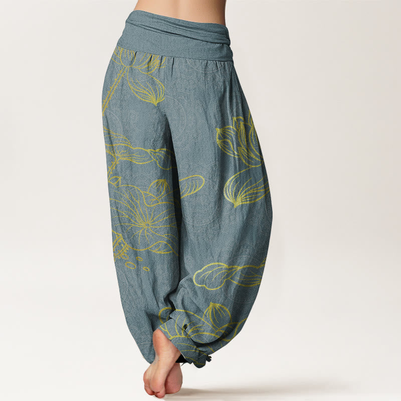 Pantalon Buddha Stones femme en pur coton avec motif mandala et lotus doré, taille élastique