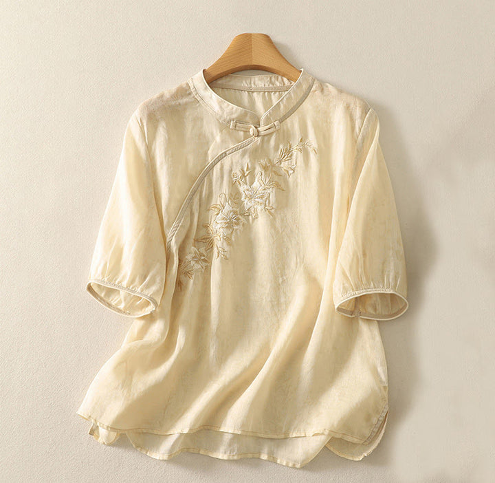 Chemise femme en coton à manches mi-longues et col mandarin avec broderies de Buddha Stones - Chiffon au citron - US14，UK/AU18，EU46 (2XL) - image 1