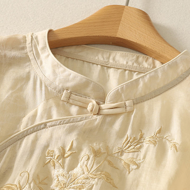 Chemise femme en coton à manches mi-longues et col mandarin avec broderies de Buddha Stones - image 3