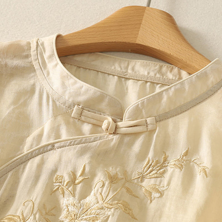Chemise femme en coton à manches mi-longues et col mandarin avec broderies de Buddha Stones - image 3