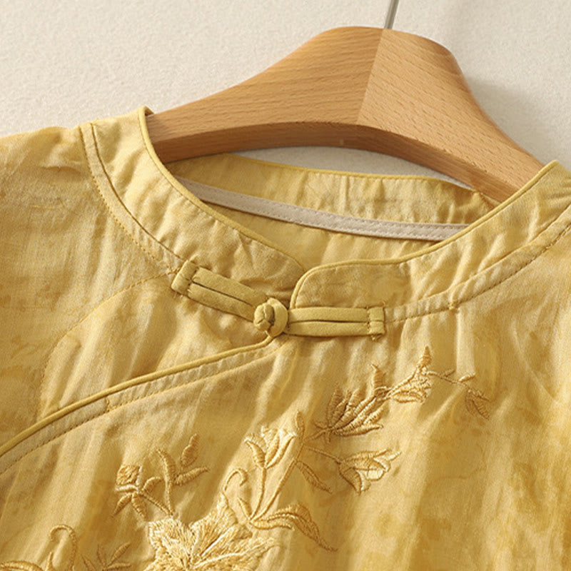 Chemise femme en coton à manches mi-longues et col mandarin avec broderies de Buddha Stones - image 9