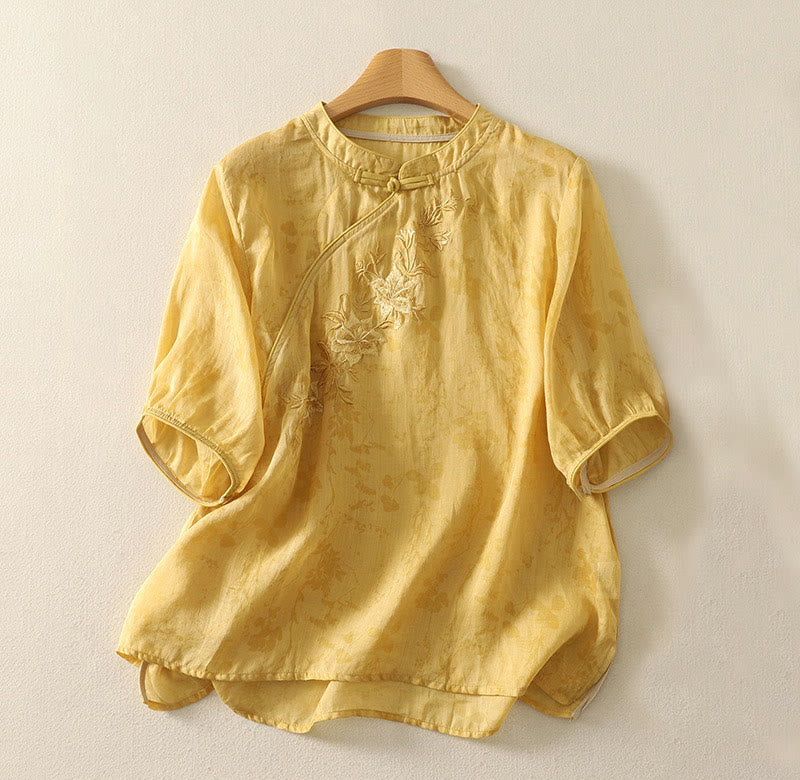 Chemise femme en coton à manches mi-longues et col mandarin avec broderies de Buddha Stones - Or - US14，UK/AU18，EU46 (2XL) - image 7