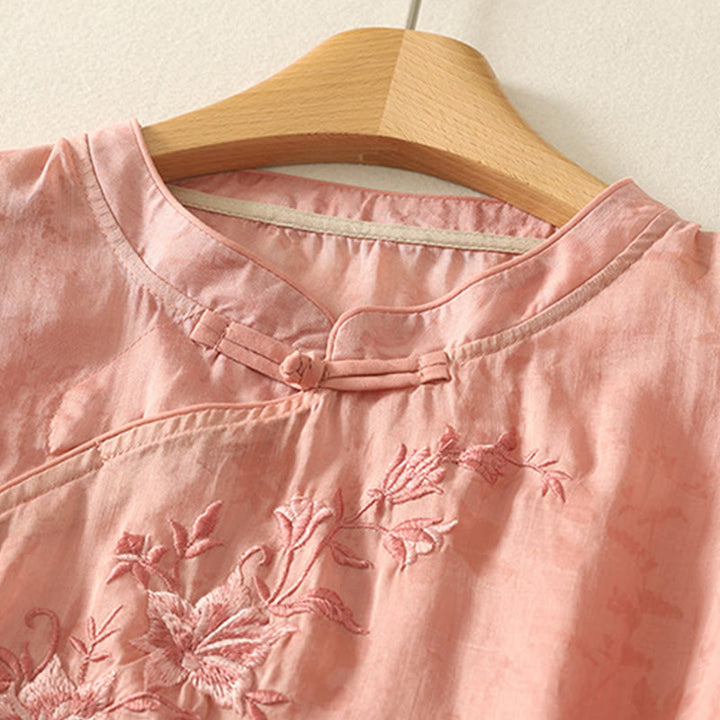 Chemise femme en coton à manches mi-longues et col mandarin avec broderies de Buddha Stones - image 23