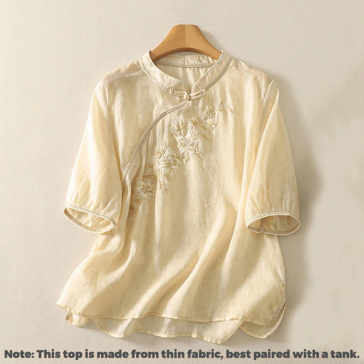 Chemise femme en coton à manches mi-longues et col mandarin avec broderies de Buddha Stones - image 2