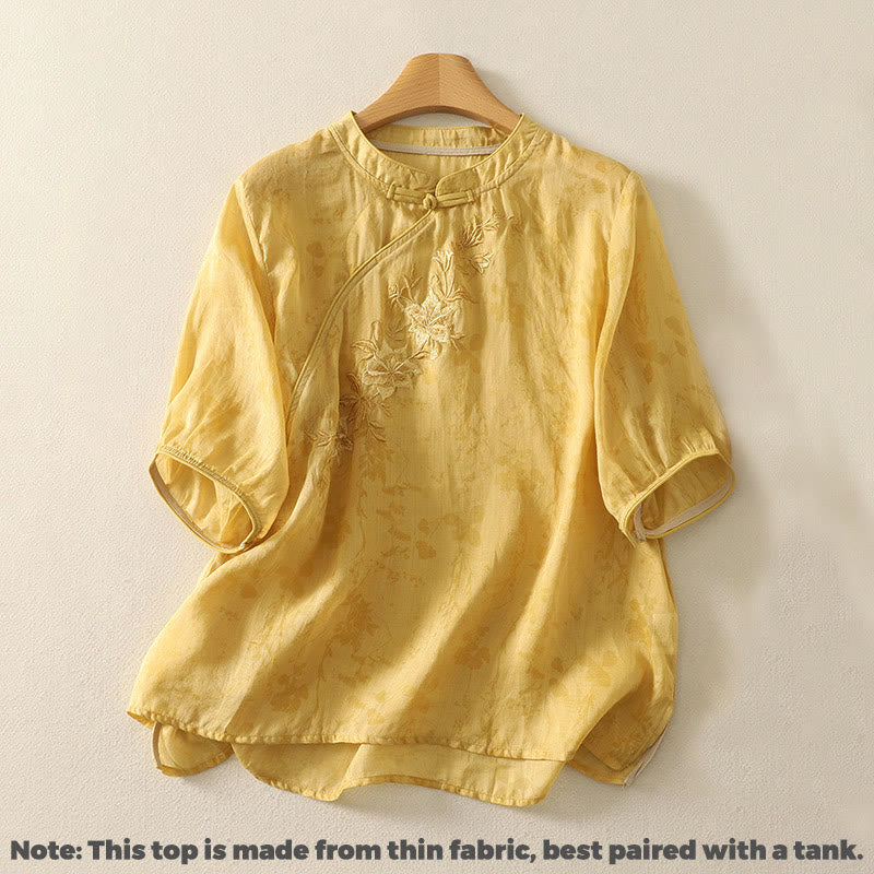 Chemise femme en coton à manches mi-longues et col mandarin avec broderies de Buddha Stones - image 8
