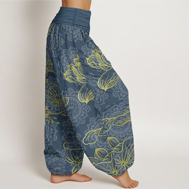 Pantalon Buddha Stones femme en pur coton avec motif mandala et lotus doré, taille élastique