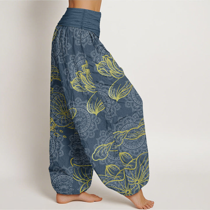 Pantalon Buddha Stones femme en pur coton avec motif mandala et lotus doré, taille élastique