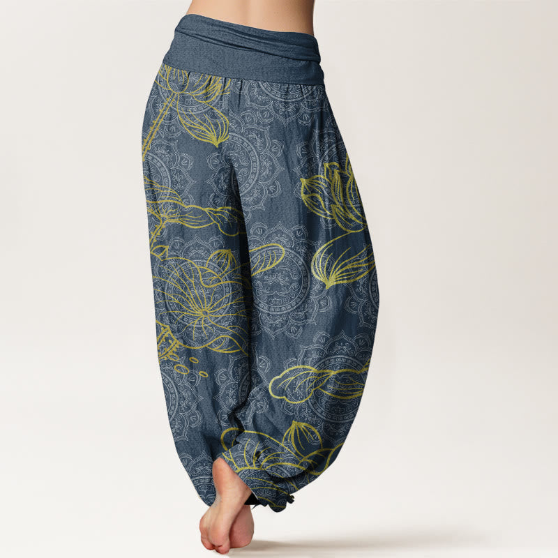 Pantalon Buddha Stones femme en pur coton avec motif mandala et lotus doré, taille élastique