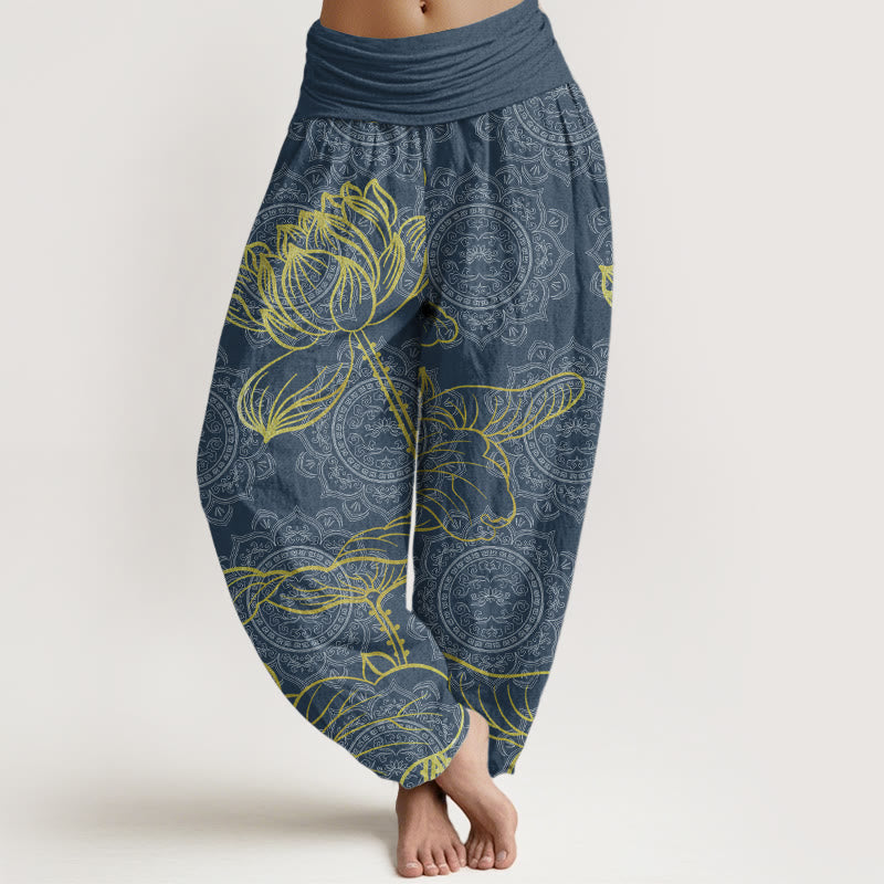 Pantalon Buddha Stones femme en pur coton avec motif mandala et lotus doré, taille élastique