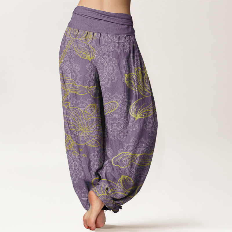 Pantalon Buddha Stones femme en pur coton avec motif mandala et lotus doré, taille élastique