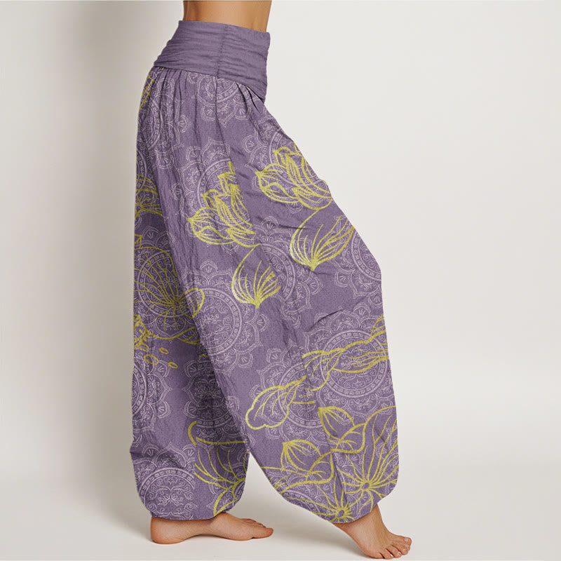 Pantalon Buddha Stones femme en pur coton avec motif mandala et lotus doré, taille élastique