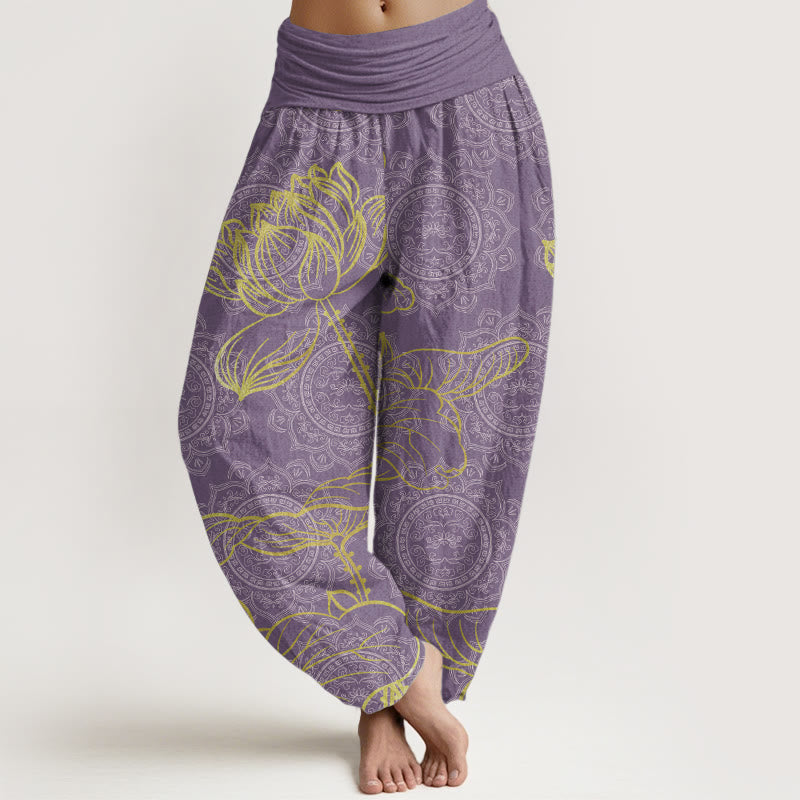 Pantalon Buddha Stones femme en pur coton avec motif mandala et lotus doré, taille élastique