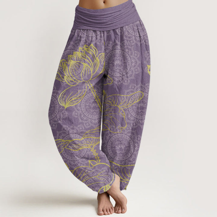 Pantalon Buddha Stones femme en pur coton avec motif mandala et lotus doré, taille élastique
