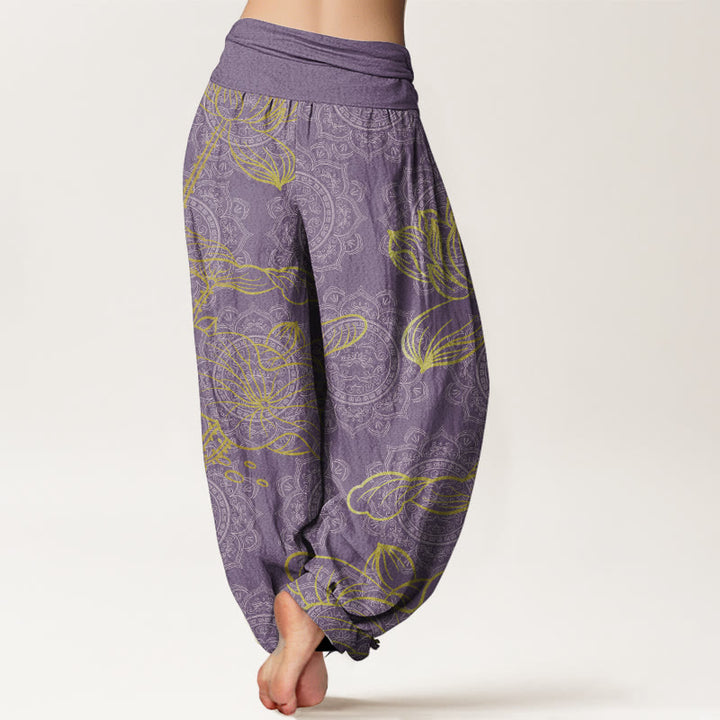 Pantalon Buddha Stones femme en pur coton avec motif mandala et lotus doré, taille élastique - image 10