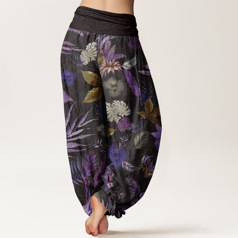 Pantalon sarouel taille élastique pour femme en pur coton avec feuillage tropical coloré et Buddha Stones