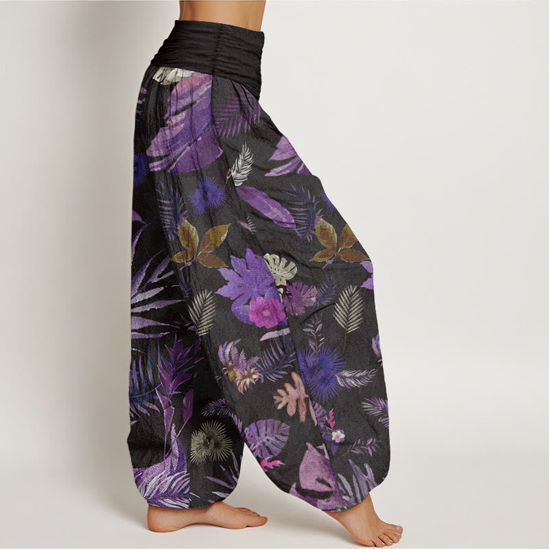 Pantalon sarouel taille élastique pour femme en pur coton avec feuillage tropical coloré et Buddha Stones