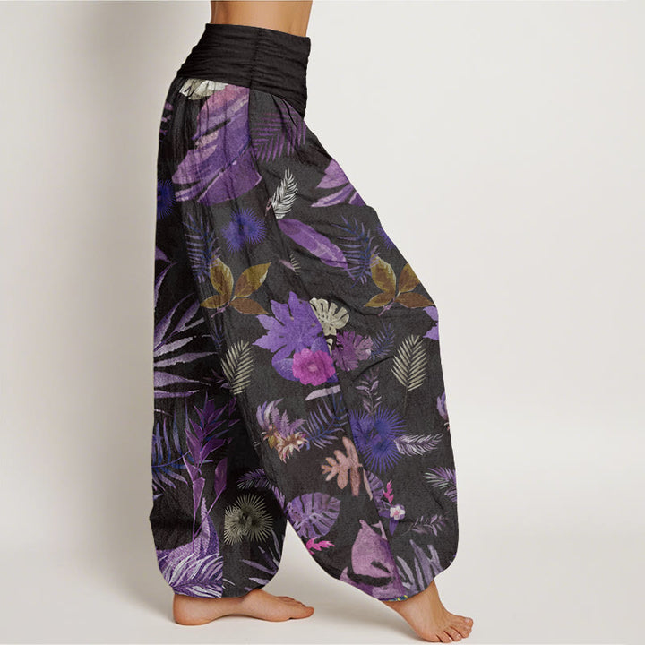 Pantalon sarouel taille élastique pour femme en pur coton avec feuillage tropical coloré et Buddha Stones