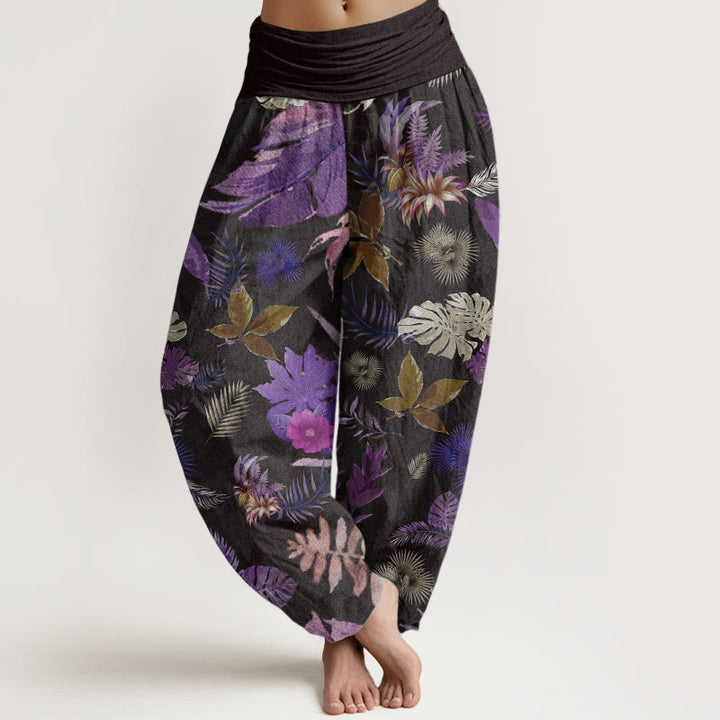 Pantalon sarouel taille élastique pour femme en pur coton avec feuillage tropical coloré et Buddha Stones