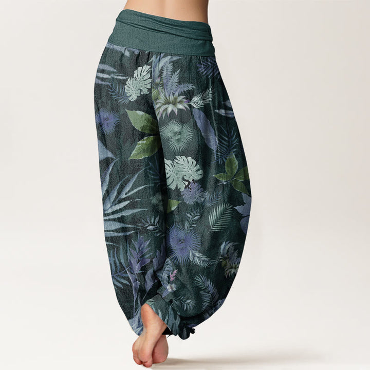 Pantalon sarouel taille élastique pour femme en pur coton avec feuillage tropical coloré et Buddha Stones