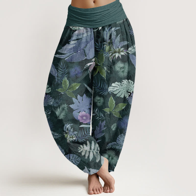 Pantalon sarouel taille élastique pour femme en pur coton avec feuillage tropical coloré et Buddha Stones